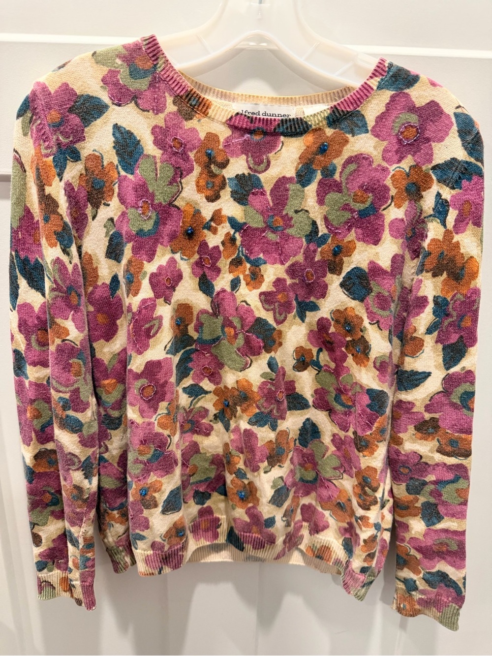Alfred Dunner Petite Large Floral Beaded Embroidered Ramie Cotton Sweater
